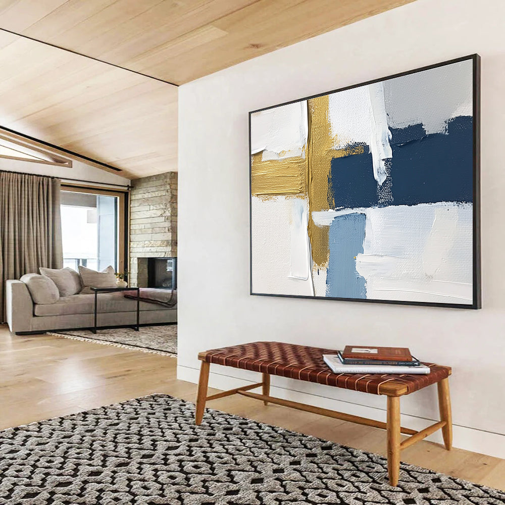 Blue - Gold Abstract Collage Art for Nautical - Themed Home Office & Upscale Seaside Bar SC267