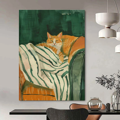 Orange Cat on Striped Blanket Art for Pet - Lover’s Bedroom & Cat Café DLZ0702