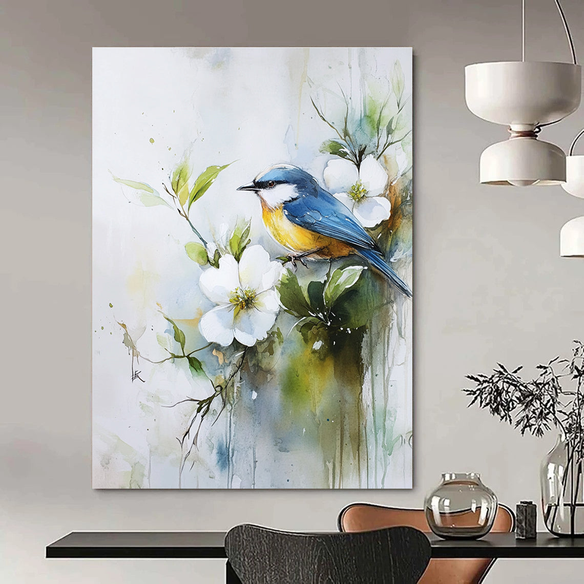 Blue Bird on Flowering Branch for Botanical - Themed Café & Nature Lover’s Bedroom STSC901