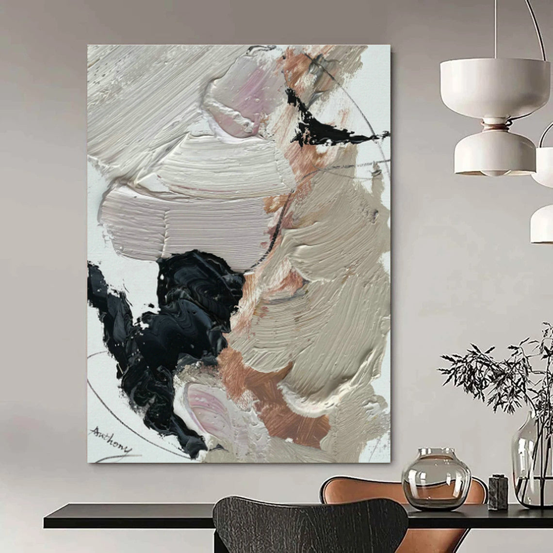 Beige, Black & Pink Abstract Art for Bohemian Bedroom & Chic Café DLZ0823