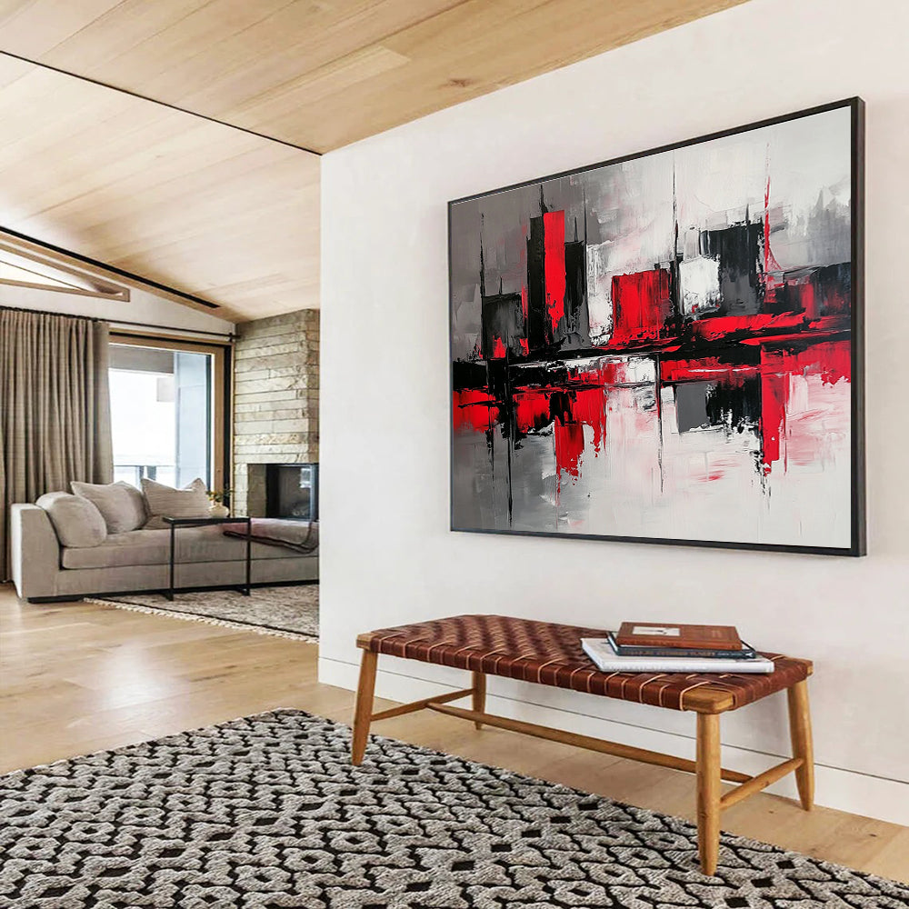 Red - Black Cityscape Abstract Art for Corporate Boardroom & Urban - Themed Bar SC239