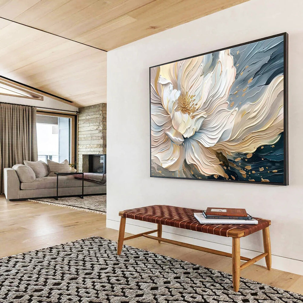 Gold - Accented White Flower Relief Art for Luxe Bedroom Retreats DLZ3087