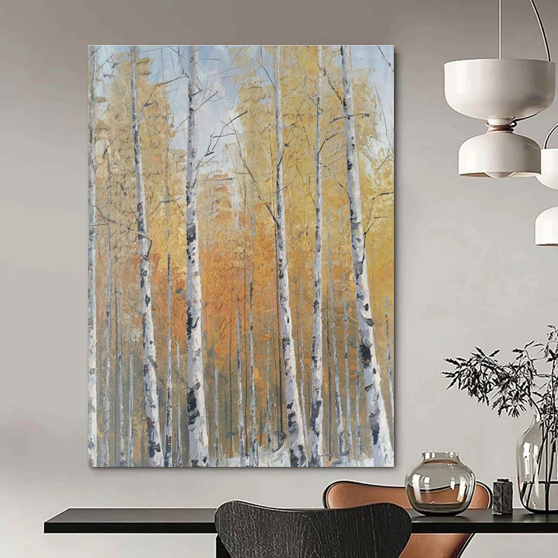 Golden Autumn Birch Forest Oil Painting for Country Villa & Fall Festival Venue DLZ1306