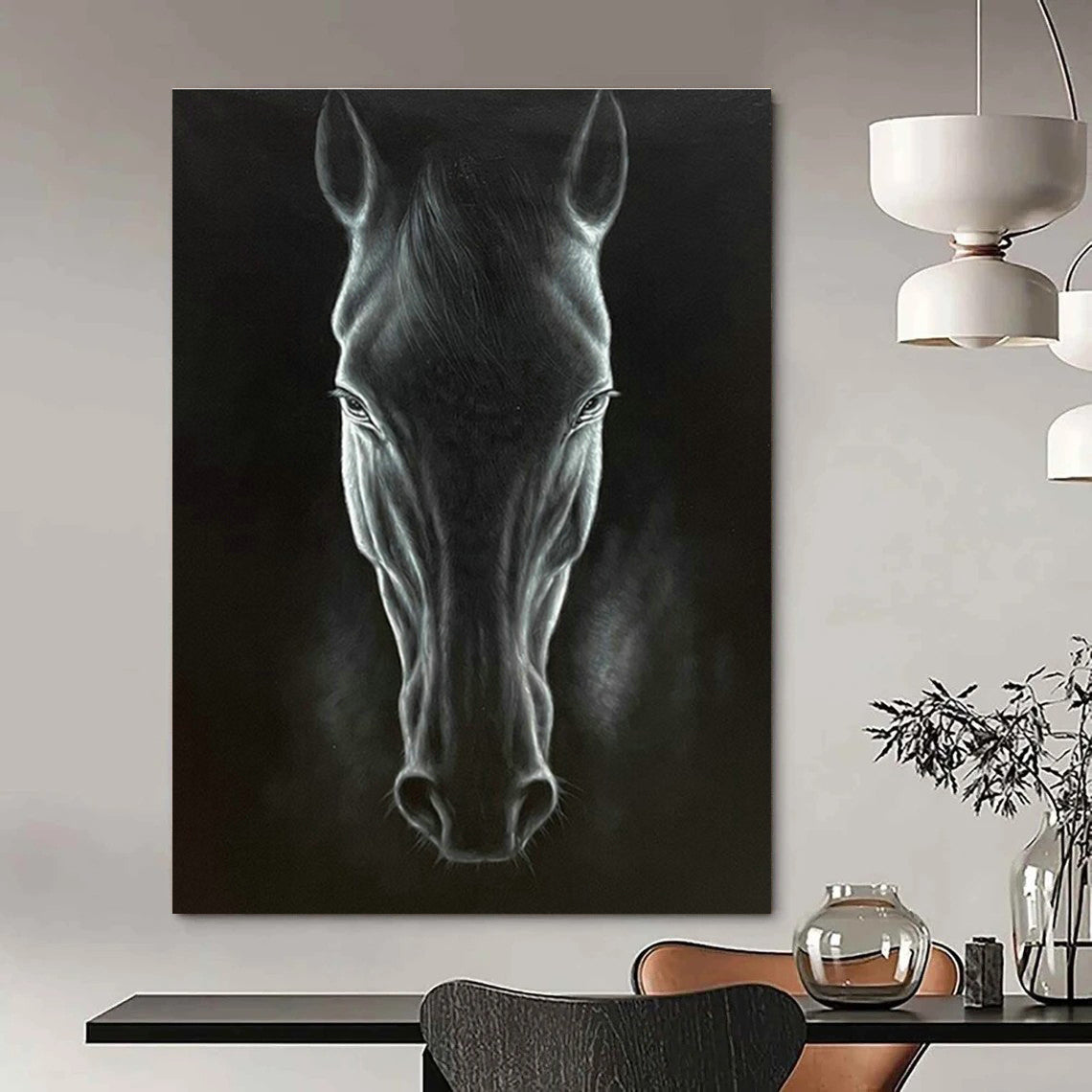 Black Horse Portrait Art for Equestrian Estate & Sophisticated Home Office DLZ1989