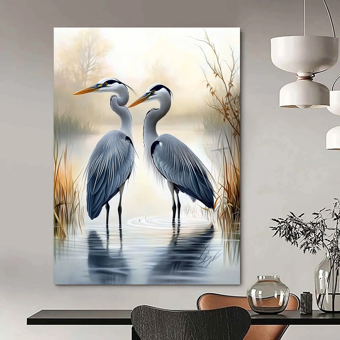 Herons in Mist  Elegant Bird Art for Lakeside Villa Living Room & Nature - Inspired Home Office STSC1450