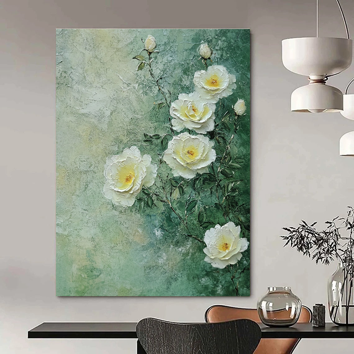 Textured White Roses Romantic Floral Art for Victorian - Style Parlor & Elegant Home Bedroom STSC1490