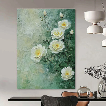 Textured White Roses Romantic Floral Art for Victorian - Style Parlor & Elegant Home Bedroom STSC1490