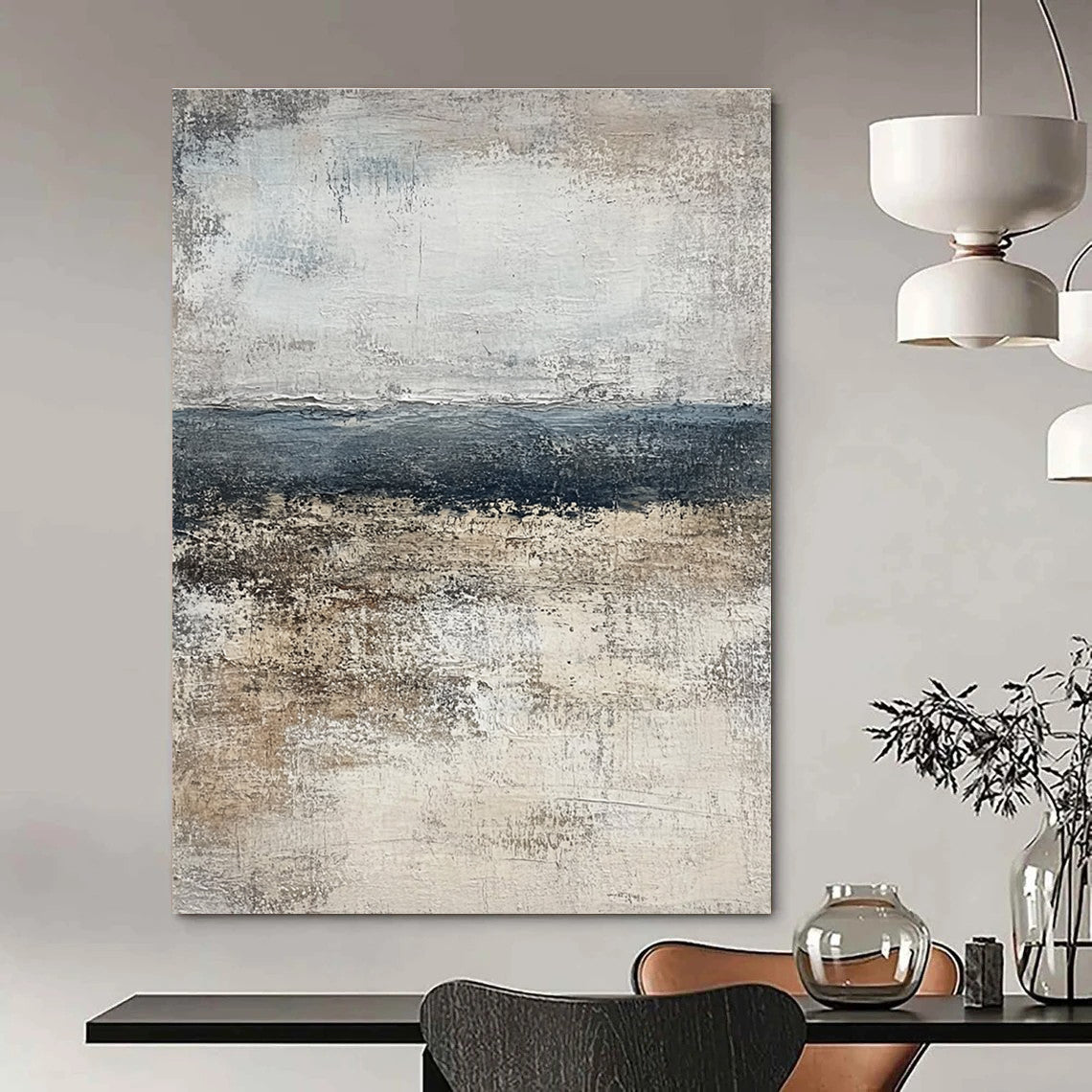Gray and Blue Abstract Landscape for Coastal Home Living Room & Serene Spa Retreat STSC491