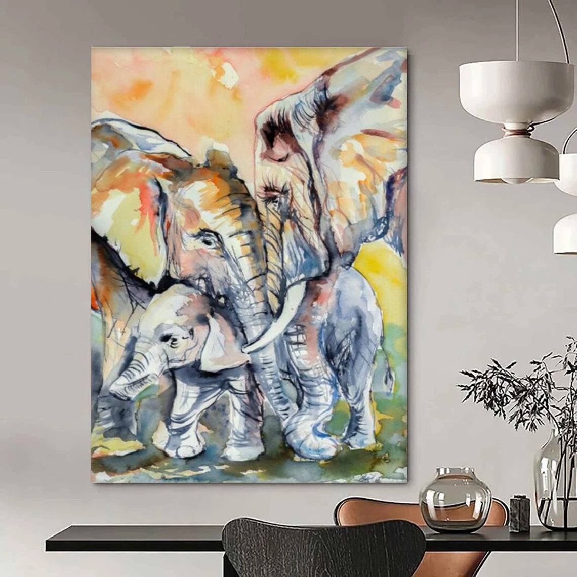 Watercolor Elephant Family Art for Wildlife Sanctuary & Family Room DLZ2346