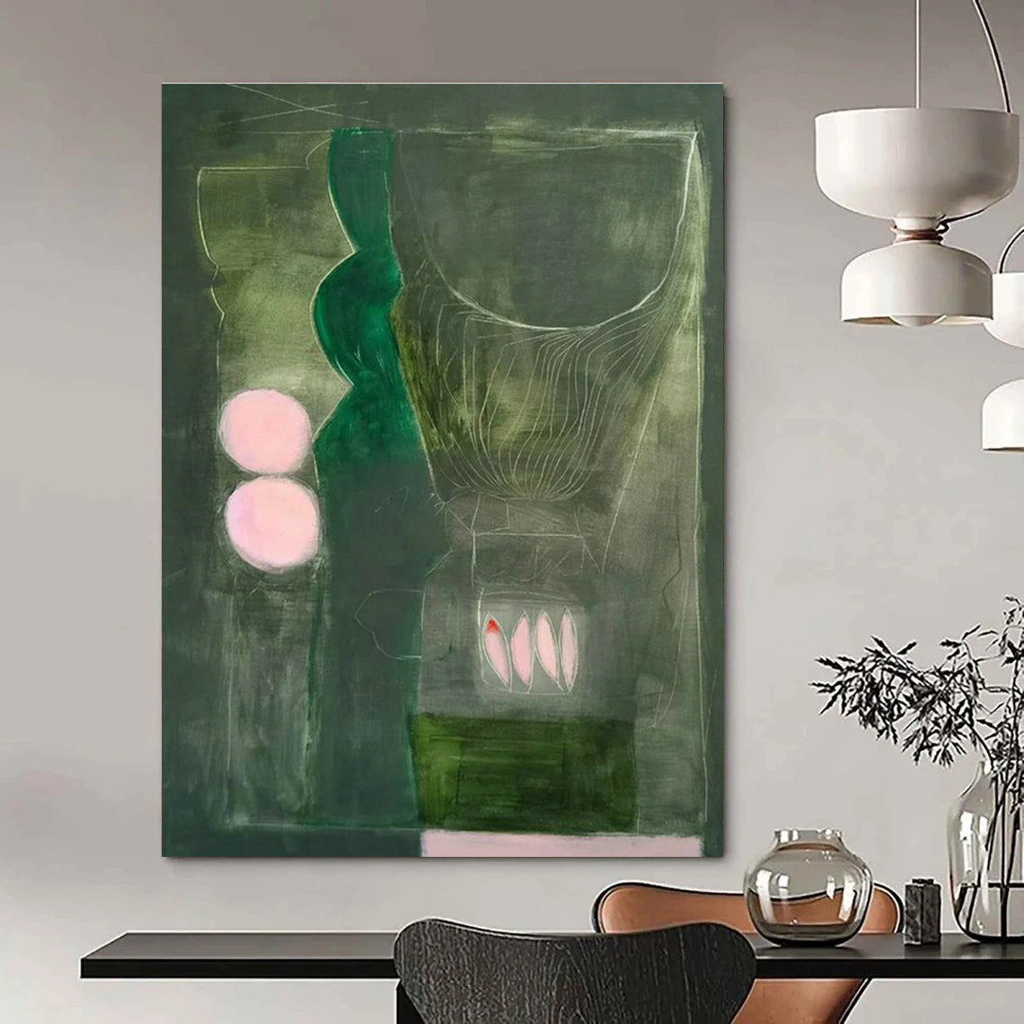 Dark Green - Pink Circle Art for Intimate Wine Bar Alcoves DLZ0136