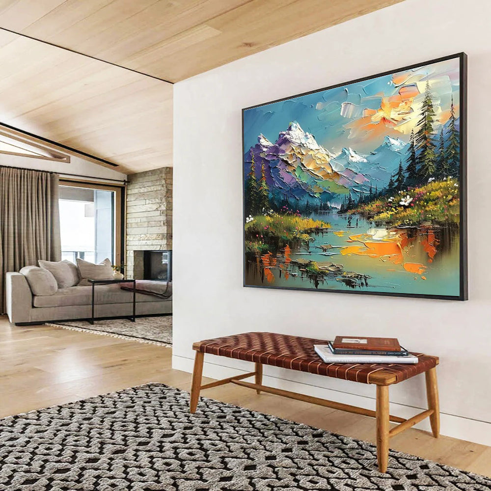 Mountain Lake Palette Knife Art for Adventure - Themed Hotel Lobby Displays DLZ3210