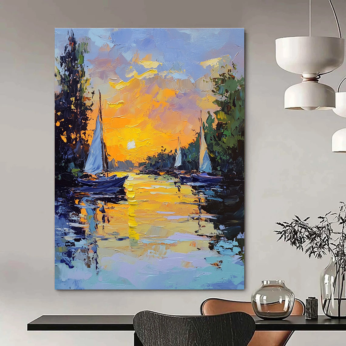 Sunset Sailboats on River Art for Riverside Restaurant & Relaxing Home Balcony STSC1419