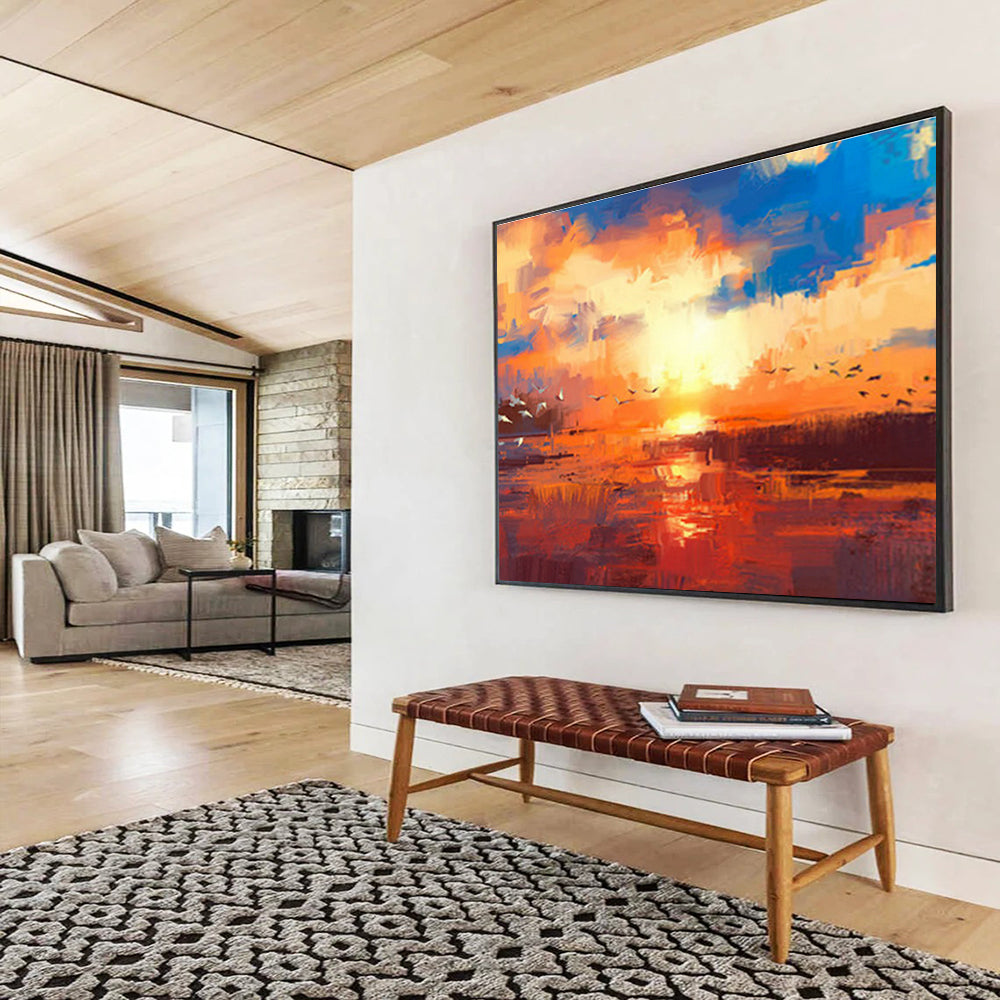 Orange - Blue Sunset with Birds Art for Serene Garden Room DLZ2771