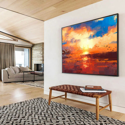Orange - Blue Sunset with Birds Art for Serene Garden Room DLZ2771