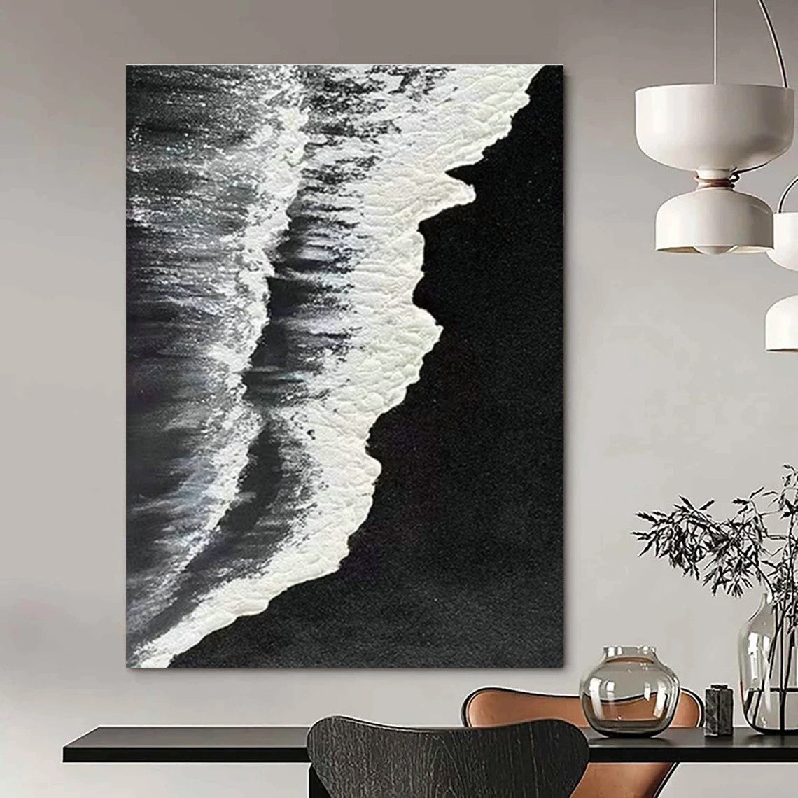Black - Base Silver Wave Abstract 2 for Minimalist Gallery & Zen - Inspired Meditation Room DLZ0969