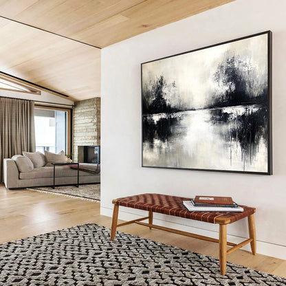 Monochrome Lake Reflection Art for Black - and - White Themed Café & Serene Spa SC056