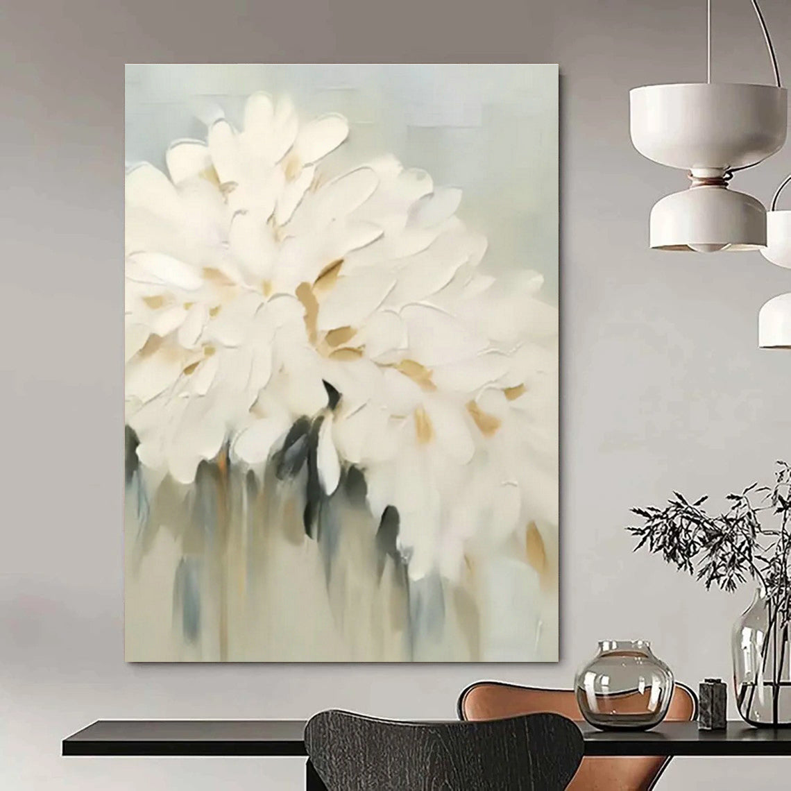 White Floral Textured Painting for Elegant Bedroom & Charming Café DLZ0861