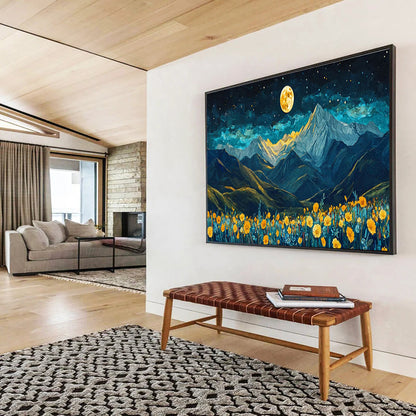Moonlit Mountain Landscape with Flower Field Art for Inspirational Home Offices DLZ3078