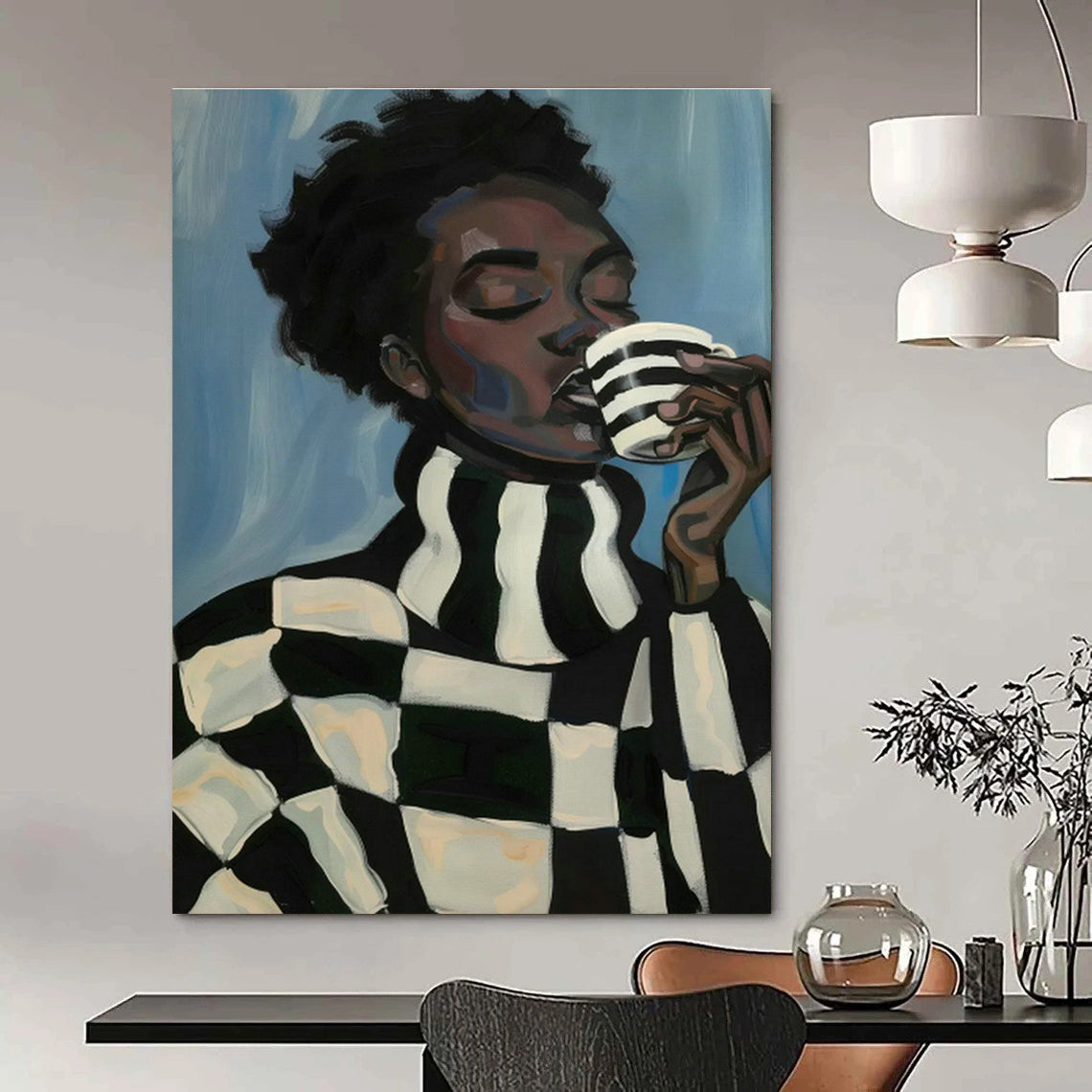 Black - White Checkered Figure Drinking Art for Café Corner & Modern Kitchen DLZ0701