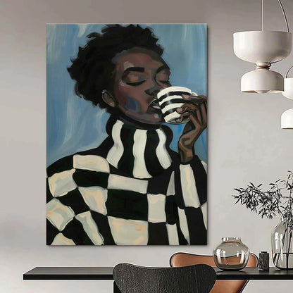 Black - White Checkered Figure Drinking Art for Café Corner & Modern Kitchen DLZ0701
