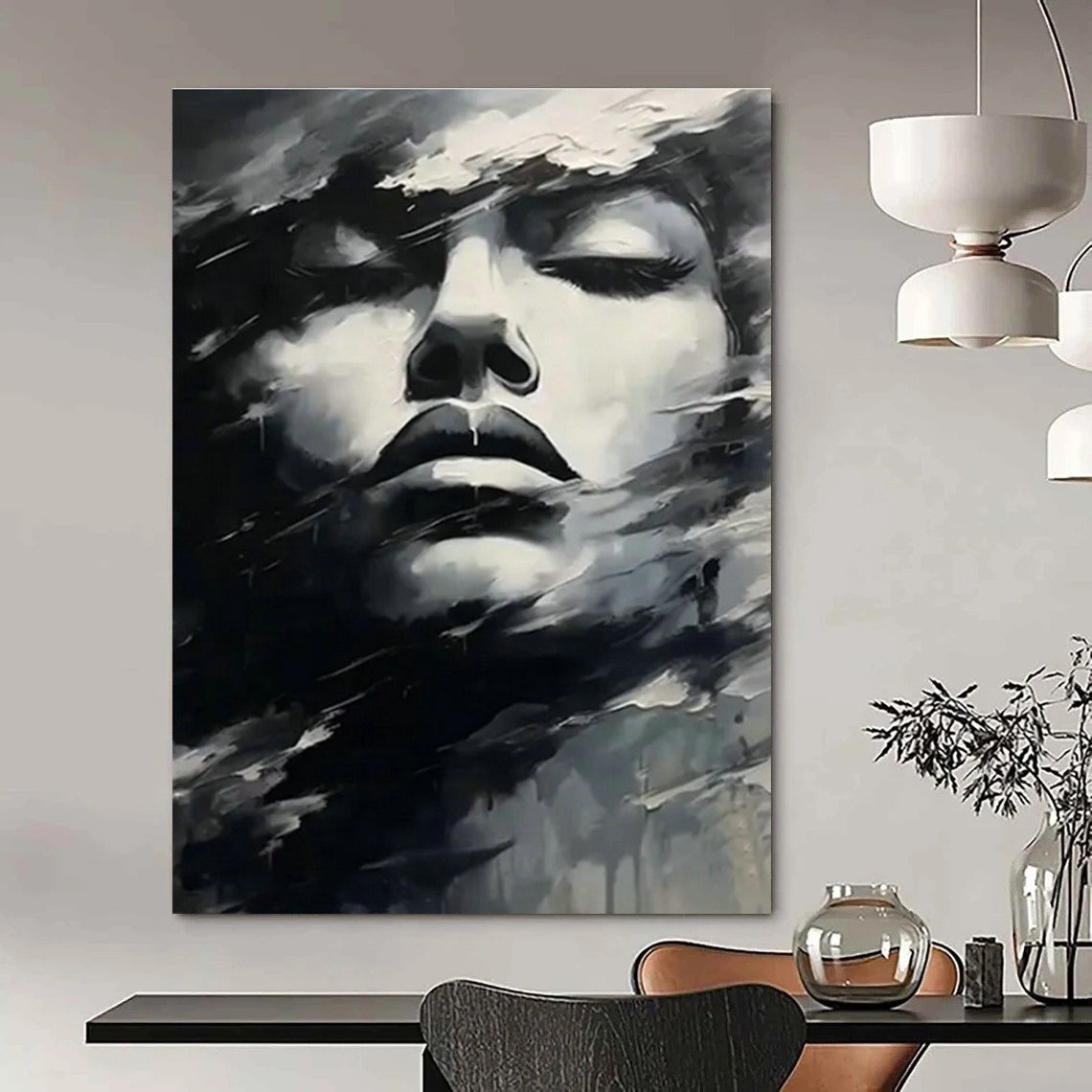 Black and White Abstract Face Art for Modern Art Gallery & Edgy Home Office DLZ1543