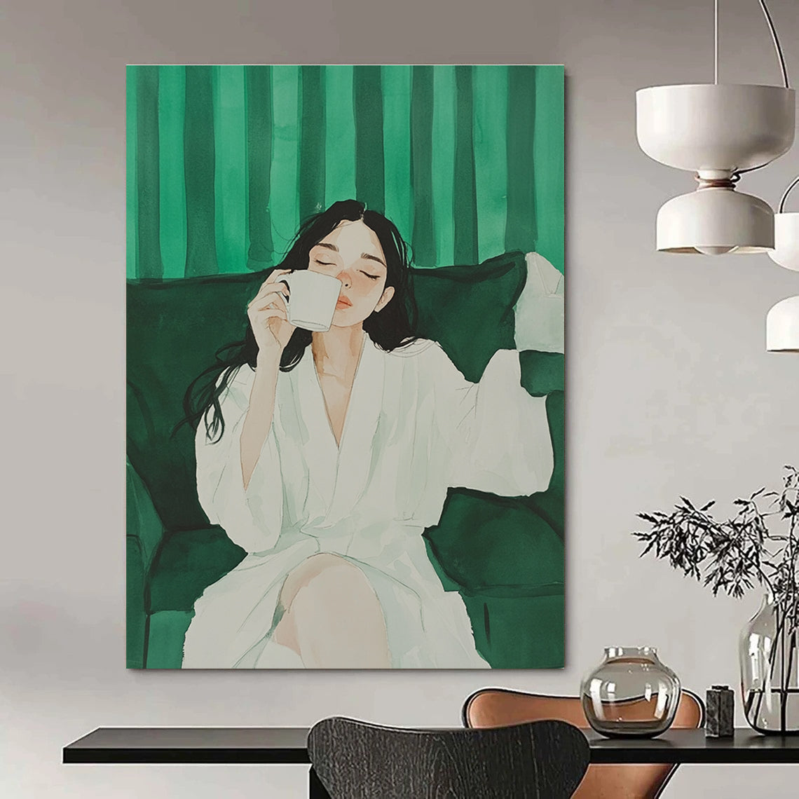 Woman in White Robe Drinking Coffee for Serene Home Library & Calming Spa Lounge STSC1002