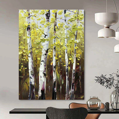 Golden - Leaf Birch Forest Oil Painting for Autumn - Themed Home & Rustic Restaurant DLZ1289