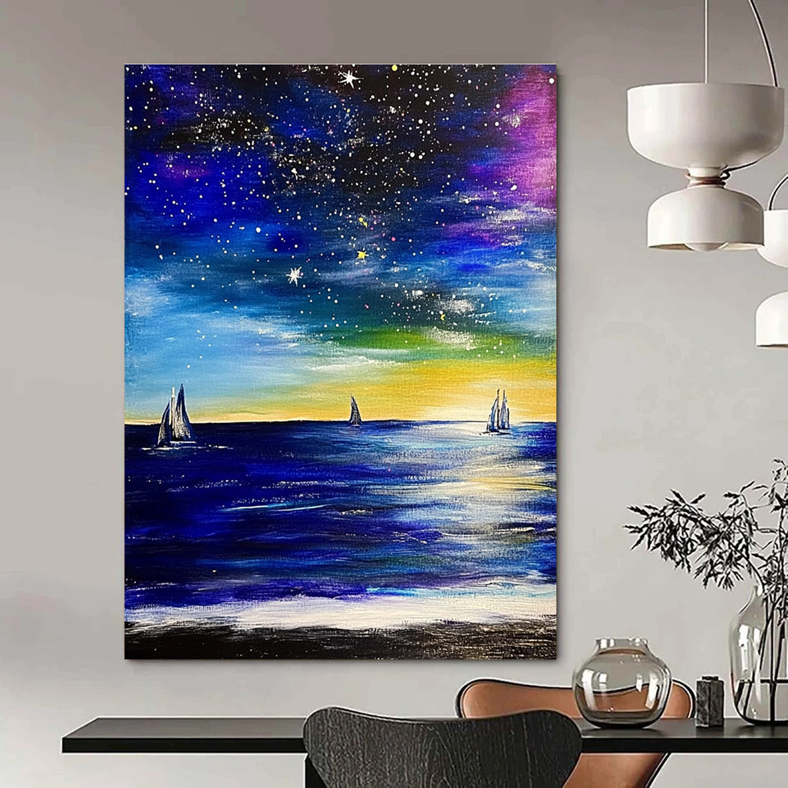 Starry Sea with Sailboats for Coastal Bedroom & Nautical - Themed Lounge STSC851