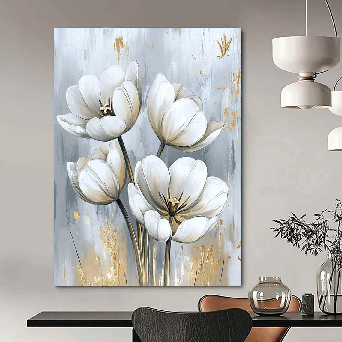 White Tulip Bouquet Classic Floral Art for Traditional Home & Refined Home Living Room STSC1478