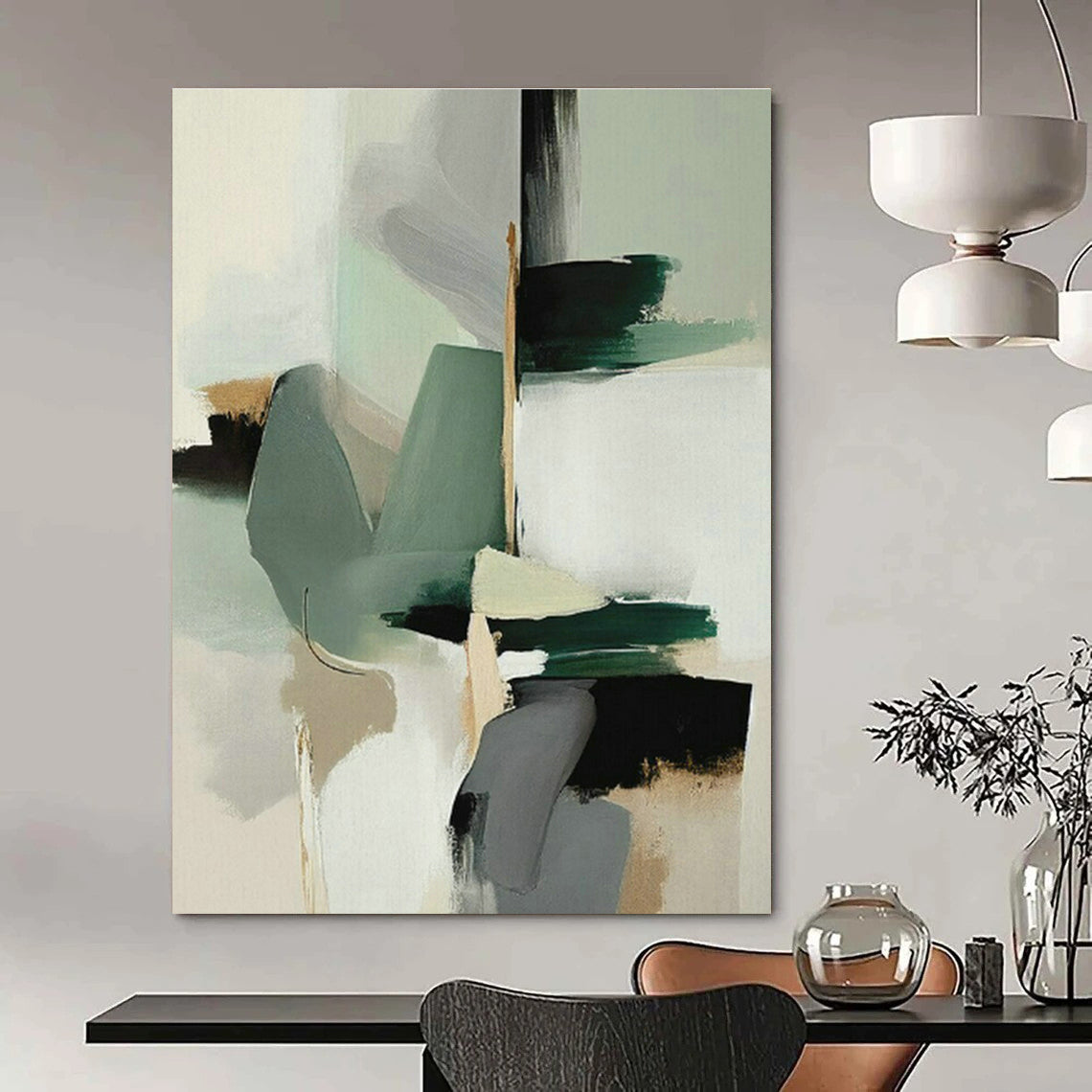 Green - Gray Geometric Abstract Art for Modern Office Lounge & Scandinavian Bedroom DLZ1640