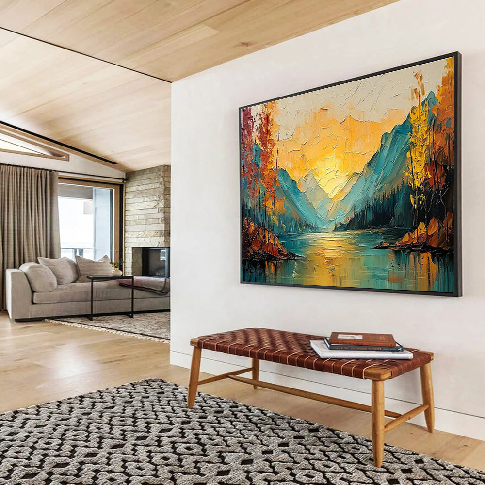 Textured Mountain & Lake Sunset Art for Adventure Lodge Communal Spaces DLZ3245