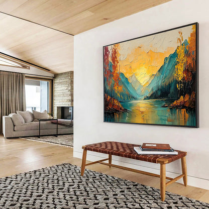 Textured Mountain & Lake Sunset Art for Adventure Lodge Communal Spaces DLZ3245