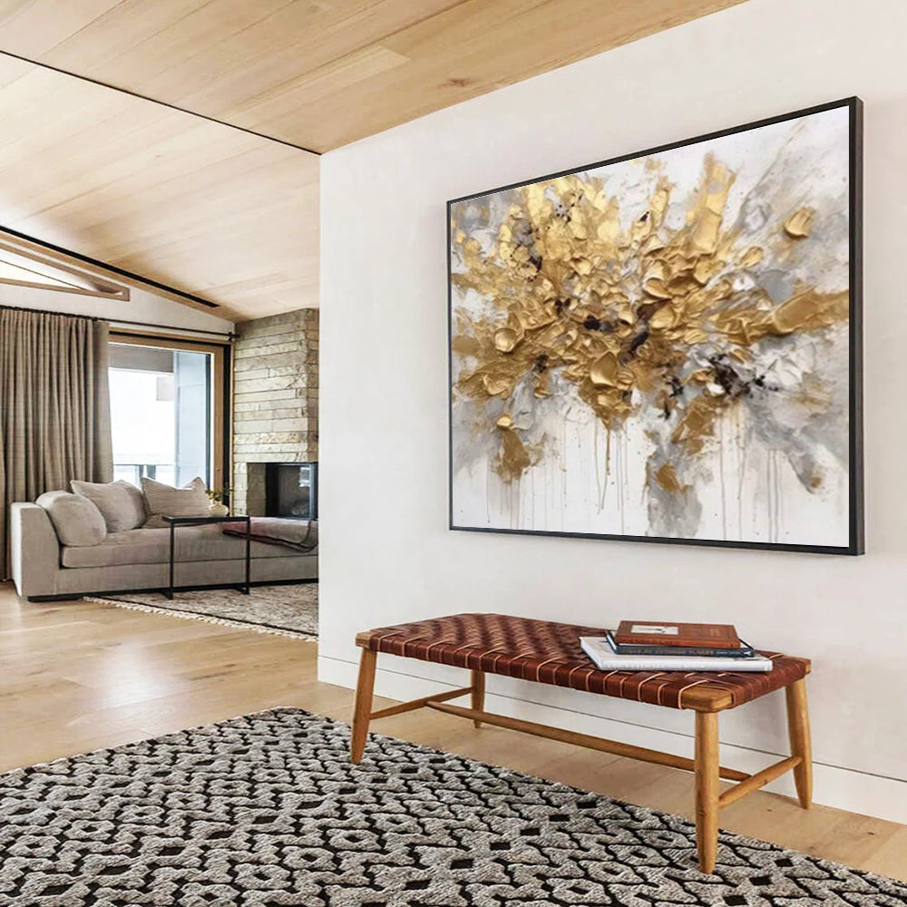 Dramatic Gold Abstract Floral Art for Bold Contemporary Lounge DLZ3062