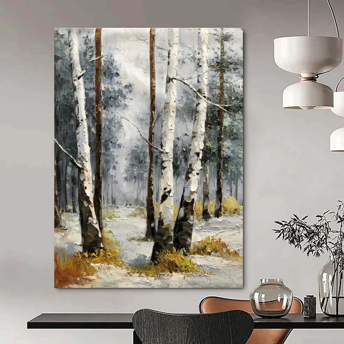 Birch Forest in Snow Oil Painting for Nordic - Style Home & Ski Resort Lobby DLZ1283