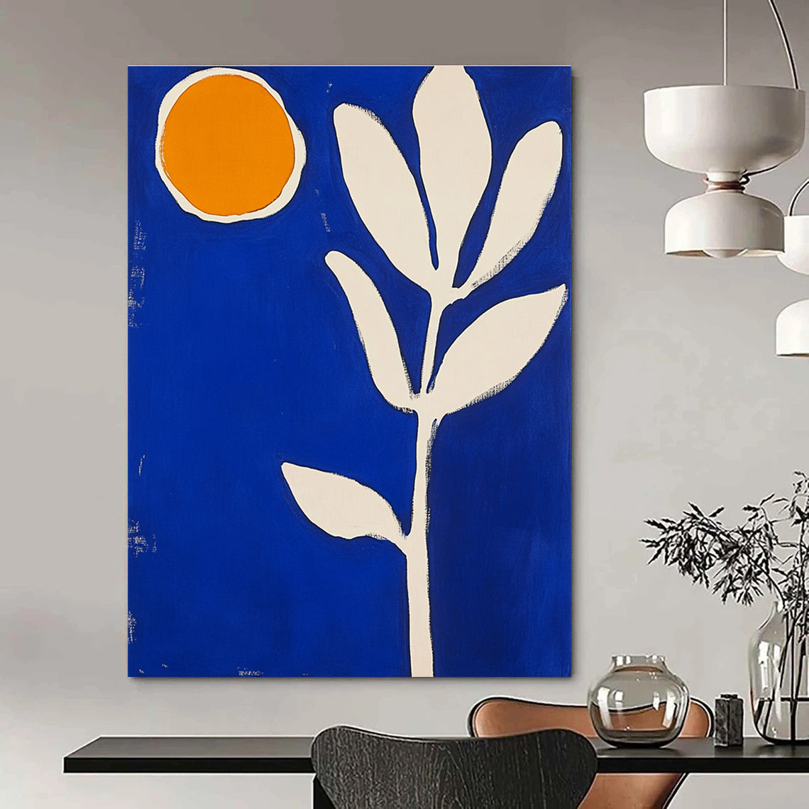 Blue Background with Orange Circle and White Leaf Art for Modern Bedroom & Eco - Friendly Store STSC1316