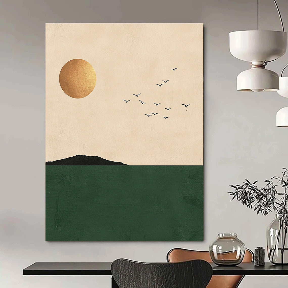 Golden Sun, Birds, and Green Sea Art for Coastal Home Living Area & Wellness Retreat STSC1338