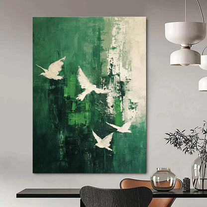 Dark Green & White Doves Abstract Art for Nature - Inspired Home & Yoga Studio DLZ1318