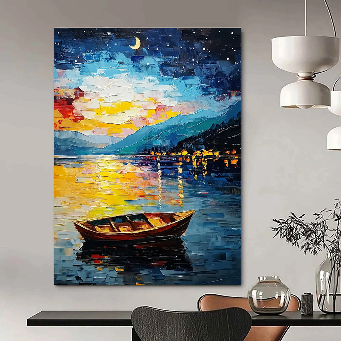 Colorful Night Lake with Boat for Lakeside Lodge & Romantic Dining Room STSC1132