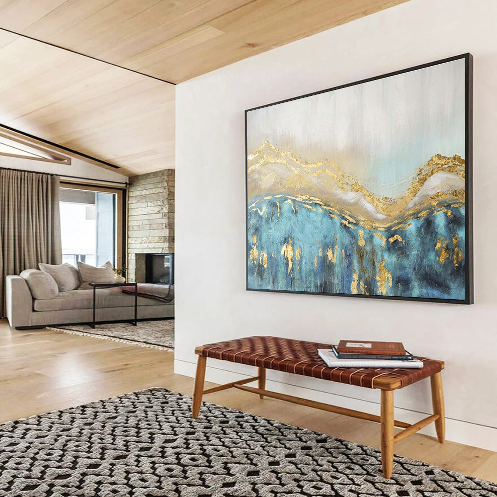 Gold - Accented Blue Landscape Abstract Art for Luxe Hotel Spa Suites DLZ3117