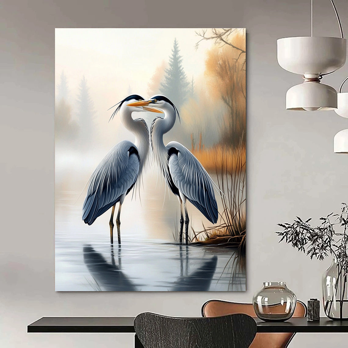 Herons in Mist  Romantic Bird Art for Coastal Bedroom & Serene Home Reading Nook STSC1451