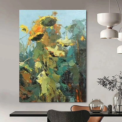 Impressionistic Sunflower Landscape Oil Painting for Countryside Café & Rustic Home Dining Room DLZ1611