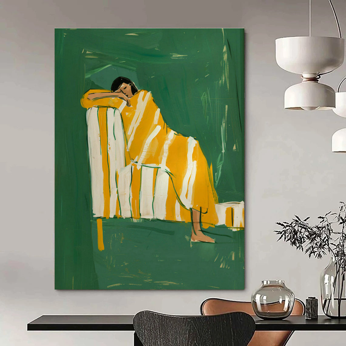Figure in Yellow Blanket on Green Background Art for Art Deco Home & Creative Studio DLZ0689