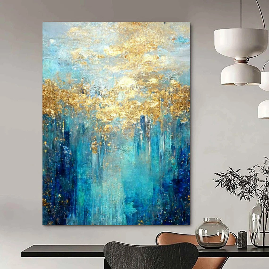 Gold - Blue Forest - Inspired Abstract Art for Luxury Lakeside Villa & Upscale Art Lounge DLZ1912