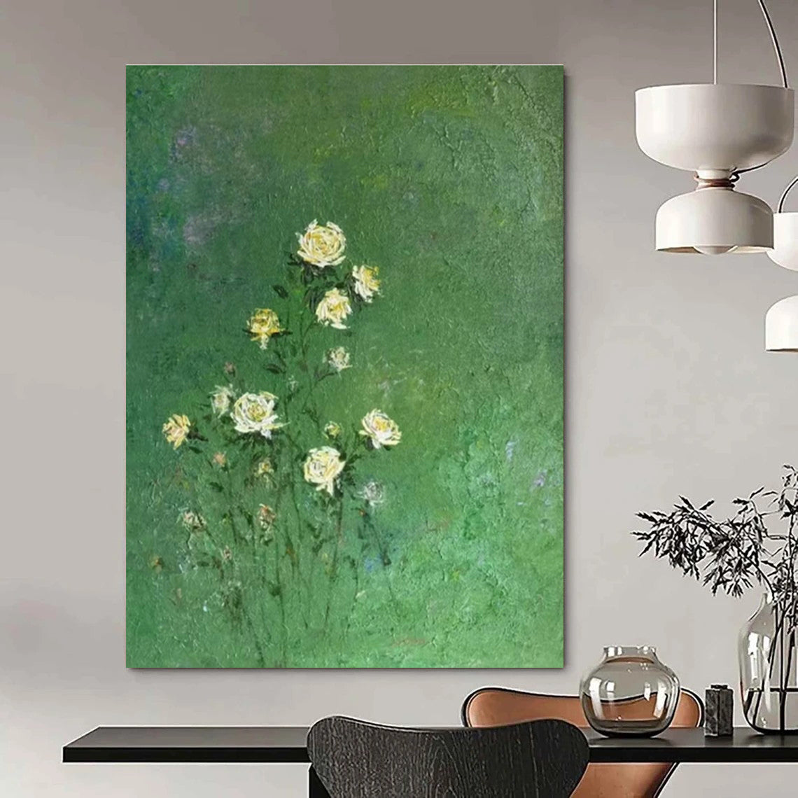 Yellow Flowers on Green Oil Painting for Dining Room & Garden Café DLZ0587