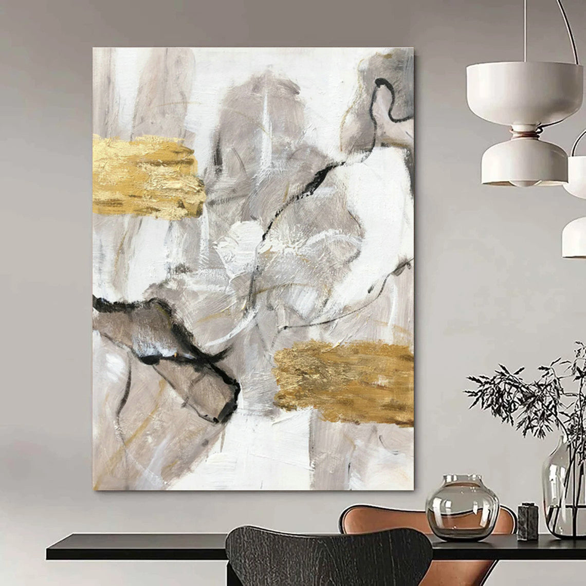 Gray - Gold Abstract Painting for Luxury Hotel Lobby & Art Deco Penthouse DLZ1308