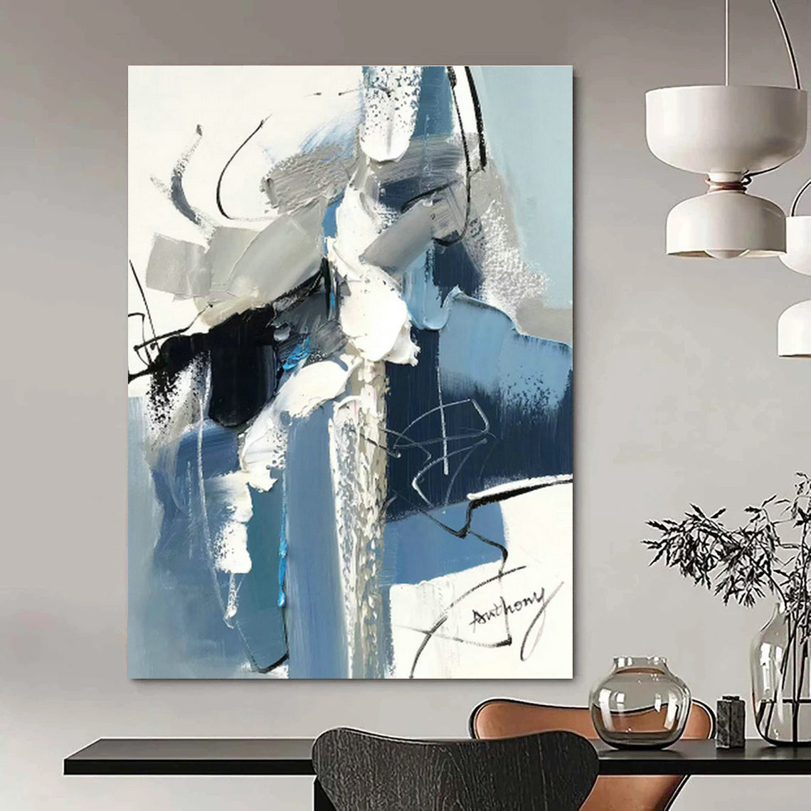 Blue - Gray Brushstroke Abstract Art for Modern Office Lobby & Art Gallery Corridor DLZ0782