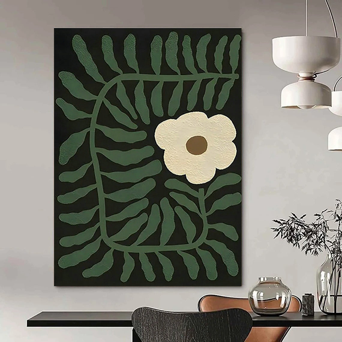 Black - Based Green Flower Abstract Art for Bohemian Home & Garden - Themed Restaurant DLZ1122