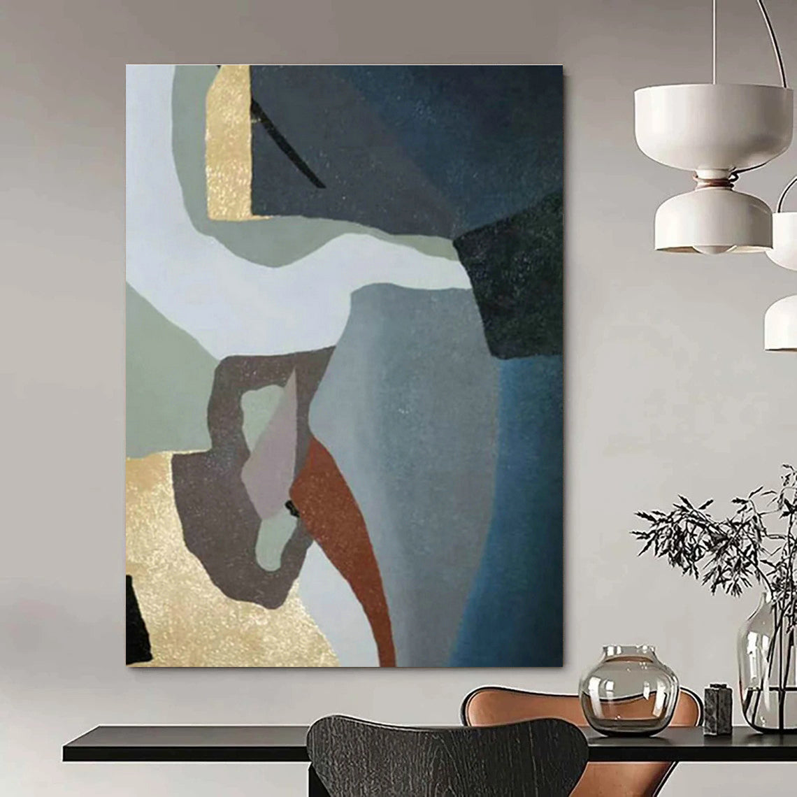 Geometric Abstract Art with Gold, Brown & Blue for Hotel Lobby & Villa Corridor DLZ0563