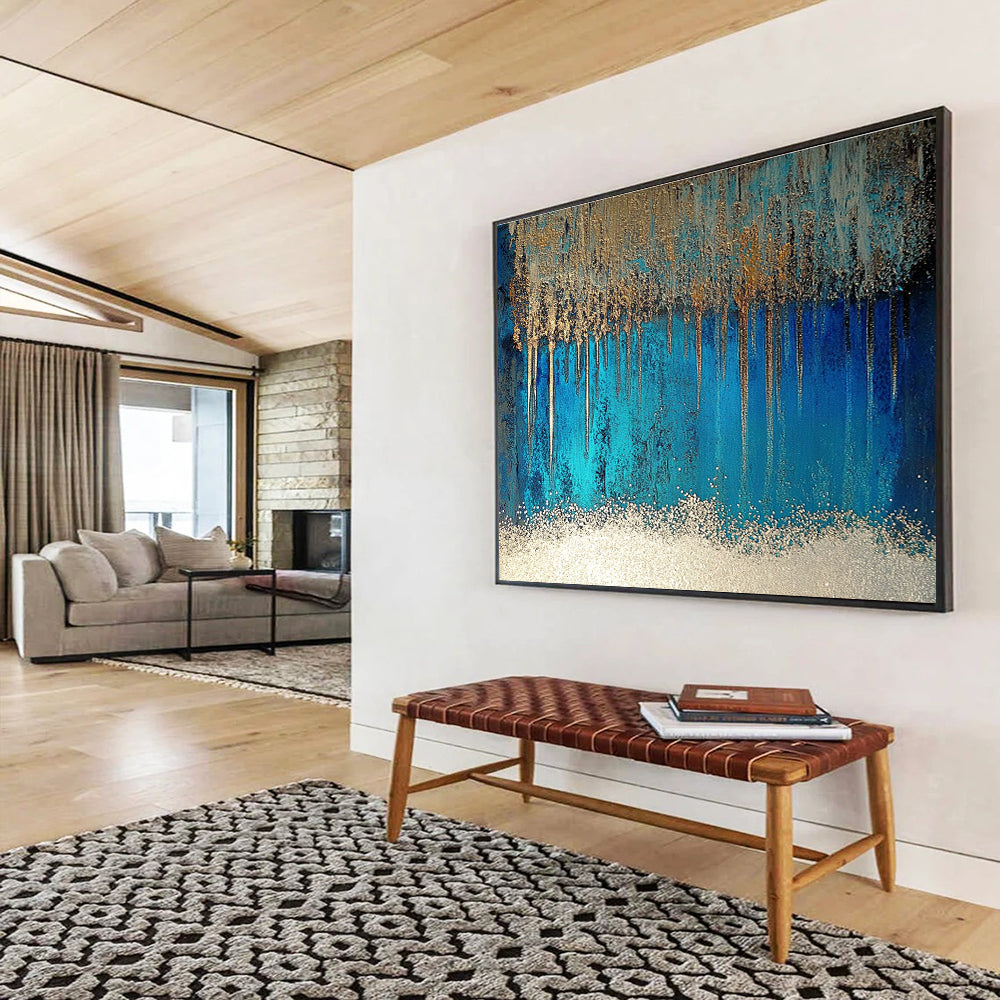 Blue and Gold Drip Art for Luxury Bathroom & Upscale Hotel Lobby SC346
