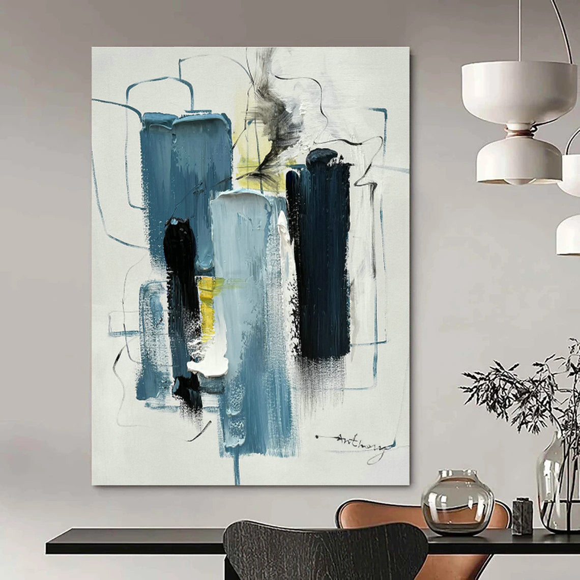 Blue, Black & White Abstract Art for Nautical - Themed Home Office & Minimalist Art Gallery DLZ0827